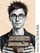 Портрет студента с книгами в стиле рисунка на мятой бумаге. Portrait of a student with books in the style of a drawing on crumpled paper. Стоковое AI-изображение, AI-художник Смирнова Светлана / Фотобанк Лори