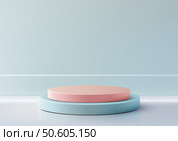 minimalist 3d scene featuring soft blue and muted pink cylindrical podiums on a reflective surface, ideal for product display, mockup, or showroom presentations with clean modern aesthetics. Стоковая иллюстрация, агентство Ingram Publishing / Фотобанк Лори