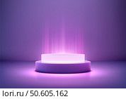 Glowing empty 3d cylindrical podium in a purple lit futuristic space, illuminated by upward light beams. Minimalist technology concept for product display, mockup, or presentation in a sleek showroom. Стоковая иллюстрация, агентство Ingram Publishing / Фотобанк Лори