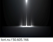 Bright white light beams glow upward on a dark reflective surface, creating a futuristic and sci fi inspired abstract concept. Technology, innovation, and digital themes with luminous, radiant energy. Стоковая иллюстрация, агентство Ingram Publishing / Фотобанк Лори