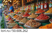 A multicultural food market stall overflowing with exotic condiments, jars of harissa, gochujang, and za'atar catching the light, Стоковое AI-видео, аниматор Sergey Grishin / Фотобанк Лори