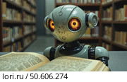 Robot in library exploring and studying of books, carefully reading it. Стоковое AI-видео, аниматор Sergey Grishin / Фотобанк Лори