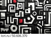 Abstract geometric composition in Art Nouveau style with a contrasting color palette: black background, white shapes and bright red accents. The image consists of various shapes - squares, circles, rectangles and lines, creating a sense of a labyrinth or code mosaic. Ideal for use in design, interior decoration, modern presentations, background images, technology concepts and digital art. Стоковое AI-изображение, AI-художник Анна Кривицкая / Фотобанк Лори