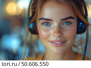 Close-up of a smiling young girl with freckles and headphones on her head. Her bright blue eyes and natural makeup emphasize the freshness and openness of the image. Warm lighting creates a soft atmosphere of comfort and positive mood. The background is blurred, attention is focused on the model's face. Ideal for the theme of remote work, customer support, online communication or youth lifestyle. Стоковое AI-изображение, AI-художник Анна Кривицкая / Фотобанк Лори