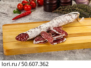 Spanish dry Fuet sausages snack. Стоковое фото, фотограф Андрей Старостин / Фотобанк Лори