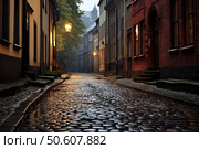 Cobblestone street in a quaint historic town. Стоковое AI-изображение, AI-художник Иван Рябоконь / Фотобанк Лори