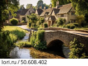 Stone bridge crossing idyllic river in charming cotswolds village, england. Стоковое AI-изображение, AI-художник Иван Рябоконь / Фотобанк Лори