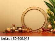 Round golden frame with traditional indian objects for makar sankranti celebrating. Стоковое AI-изображение, AI-художник Иван Рябоконь / Фотобанк Лори