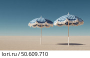 Two Blue and White Umbrellas Stand on a Sandy Landscape Under a Clear Sky at Midday. Стоковое AI-изображение, AI-художник Юлия Гапеенко / Фотобанк Лори