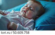 A close-up portrait of a cute, peaceful baby sleeping soundly on a blue pillow at night in a dark bedroom. Стоковое AI-видео, аниматор Sergey Grishin / Фотобанк Лори