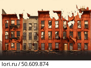 Crumbling brick buildings depict urban decay and disaster. Стоковое AI-изображение, AI-художник Иван Рябоконь / Фотобанк Лори