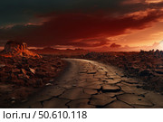 Damaged road crossing martian landscape at sunset. Стоковое AI-изображение, AI-художник Иван Рябоконь / Фотобанк Лори