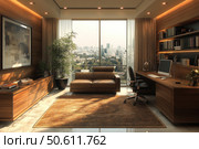 Modern and stylish office with panoramic views of the city. The interior is done in warm natural tones with wood predominating. In the foreground there is a leather sofa and a soft carpet on a marble floor. The workspace with a computer is neatly organized near the wall with bookshelves. The interior is decorated with live plants and modern decor elements. The space is filled with natural light, which creates a cozy and productive atmosphere. Стоковое AI-изображение, AI-художник Анна Кривицкая / Фотобанк Лори