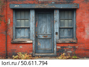 A photograph of an old wooden door and windows in a red brick wall. The worn blue paint, peeling wood and traces of time create an atmosphere of abandonment and coziness at the same time. The image is rich in textures: rough brickwork, cracks in the wood, peeling areas of paint. Dry autumn leaves and rare plants are visible in the lower part of the frame, breaking through the cracks. This image can be used in the themes of urbanism, retro architecture, historical environment or the atmosphere of coziness in ruins. Стоковое AI-изображение, AI-художник Анна Кривицкая / Фотобанк Лори