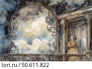 Watercolor illustration in vintage style depicts a young woman in an elegant dress standing on the balcony of an ancient palace. Her gaze is directed to the sky, where light and dark clouds swirl, permeated with soft light. Graceful architecture with carved elements and artistic details enhances the atmosphere of romance, dreaminess and retro aesthetics. Perfect for themes about fairy tales, classical literature, theater, femininity and inspiration. Стоковое AI-изображение, AI-художник Анна Кривицкая / Фотобанк Лори