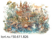 A fantasy illustration in watercolor technique depicting a fabulous underwater city, where architecture is combined with elements of corals, marine flora and fantastic buildings. The buildings resemble magical castles and towers, organically integrated into the seascape. The picture is filled with details - shells, fish, seaweed, corals and magical springs create a sense of magic and mystery. The work is ideal for children's books, fairy tales, packaging design, wallpaper and creative projects related to fantasy worlds and natural magic. Стоковое AI-изображение, AI-художник Анна Кривицкая / Фотобанк Лори