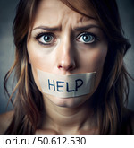 A woman stares intensely with wide eyes, her mouth covered by tape labeled \'HELP\'. This powerful image evokes emotions of despair and urgency, emphasizing the need for support and intervention. Стоковое AI-изображение, AI-художник Ольга Игнашина / Фотобанк Лори