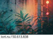 Tropical plants growing under colorful vaporwave lights. Стоковое AI-изображение, AI-художник Иван Рябоконь / Фотобанк Лори