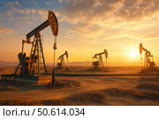 A sprawling oil field bristling with nodding donkey pumpjacks draws crude oil from the deep. This industrial landscape highlights the intricate machinery essential to the energy sector. Стоковое AI-изображение, AI-художник Nart / Фотобанк Лори