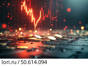 A scene capturing a pile of glossy gold coins and a plummeting stock chart. The red downward trends and metallic grid background convey a financial crisis with urgency and depth. Стоковое AI-изображение, AI-художник Nart / Фотобанк Лори