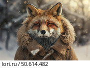 Red fox wearing winter coat in snowy forest, stunning wildlife portrait. Стоковое AI-изображение, AI-художник Иван Рябоконь / Фотобанк Лори
