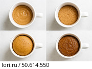 Four frame image chronicles homemade mug cake journey from raw batter to light airy browned sponge inside classic handle cup. Стоковое AI-изображение, AI-художник Павел Муравьев / Фотобанк Лори