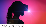Woman silhouette with VR visor gazes into glowing pink universe. inclusive future of virtual social connection technology. Стоковая иллюстрация, иллюстратор Павел Муравьев / Фотобанк Лори