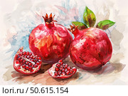 Two pomegranates and slices resting on table in watercolor painting. Стоковое AI-изображение, AI-художник Иван Рябоконь / Фотобанк Лори