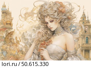Fantasy illustration in the Art Nouveau style: a graceful girl with luxurious wavy hair decorated with roses poses against the background of architectural structures in the spirit of old Europe. Her outfit is made in pastel colors, with a refined collar and puffy sleeves, creating an atmosphere of a fairy tale, dream and nobility. The background is filled with details - palaces, towers, fantastic creatures and scenes reminiscent of a carnival procession. The illustration is ideal for decorating fantasy books, postcards, posters and concept art. Стоковое AI-изображение, AI-художник Анна Кривицкая / Фотобанк Лори