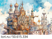 Watercolor fantasy illustration of a magical city with architecture in the spirit of fairy-tale Art Nouveau. Multi-tiered buildings with domes, turrets, stairs and arches create a feeling of airiness and dreaminess. Elements of Eastern, European and futuristic styles are harmoniously combined in a single artistic ensemble. The color palette includes soft shades of blue, beige and ocher. Suitable for book design, fantasy projects, posters, board games, as well as for children's and art publications. Стоковое AI-изображение, AI-художник Анна Кривицкая / Фотобанк Лори