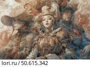 A fantasy illustration in an exquisite decorative style, depicting three women in rich historical costumes with elements of armor and luxurious embroidery. Each of the figures is surrounded by swirls of fabric, flowers and ornaments, emphasizing the atmosphere of the Baroque and Renaissance. The facial expressions are majestic and confident, the images combine beauty, strength and aristocracy. The illustration is made in a soft color scheme with a predominance of beige, blue and golden shades. Ideal for fantasy themes, fashion, art projects and book covers. Стоковое AI-изображение, AI-художник Анна Кривицкая / Фотобанк Лори