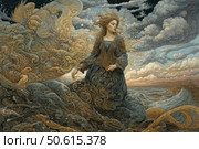 A fantastical illustration in the Art Nouveau style depicts a majestic woman standing among stormy waves and billowing clouds. Her long hair flutters in the wind, and her dress is decorated with intricate patterns organically woven into the sea and sky landscape. The image is filled with symbolism and a visual metaphor for the elements - water, air and spirit. The composition combines elements of nature, mythology and decorative painting, creating a sense of an ancient legend or dream. Стоковое AI-изображение, AI-художник Анна Кривицкая / Фотобанк Лори