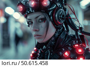 Cyberpunk girl wearing futuristic headset and gear in blurred background. Стоковое AI-изображение, AI-художник Иван Рябоконь / Фотобанк Лори