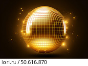 Golden disco ball shining on dark background with sparkling particles. Стоковое AI-изображение, AI-художник Иван Рябоконь / Фотобанк Лори