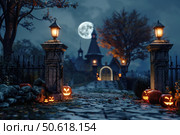 Halloween pumpkins lighting path to haunted house under full moon. Стоковое AI-изображение, AI-художник Иван Рябоконь / Фотобанк Лори