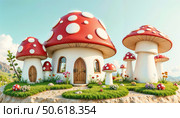 Fantasy mushroom houses with red caps and white spots in garden. Стоковое AI-изображение, AI-художник Андрей Бажанов / Фотобанк Лори