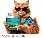 Рыжий кот в очках держит аквариум с рыбками. Стоковое AI-изображение, AI-художник Валерий Ячин / Фотобанк Лори