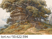 A fairy-tale wooden house, skillfully built into a giant tree, is located on top of a hill in a picturesque landscape. The crowns of a century-old tree wrap around and support the house, creating the feeling that it grew up with the tree. A narrow path leads to the entrance, and an old fence emphasizes the atmosphere of privacy and mystery. The illustration conveys the spirit of magic, folk tales and the natural world. Suitable for themes of fantasy, nature, mythology and children's books. Стоковое AI-изображение, AI-художник Анна Кривицкая / Фотобанк Лори