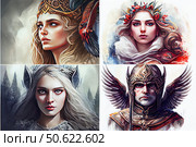 A collage of four fantasy-style watercolor portraits of mythical warriors. In the upper left corner is a woman with a crown and a feather in her hair, her gaze focused and powerful. In the upper right is a girl with a wreath of flowers and golden curls, in the image of a goddess of spring or a magical priestess. In the lower left is a blonde warrior with a crown, in a gloomy northern atmosphere. In the lower right is a man in armor with a winged helmet, symbolizing a hero or a heavenly warrior. All images are worked out in watercolor technique with expressive detail and character. Стоковое AI-изображение, AI-художник Анна Кривицкая / Фотобанк Лори