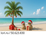 Christmas beach scene with sand snowmen. Стоковое AI-изображение, AI-художник Екатерина Усенко / Фотобанк Лори
