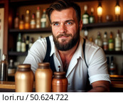 Брутальный бородатый бармен стоит за барной стойкой. Портрет мужчины. Brutal Bearded Male Bartender Standing Behind Bar Counter. Portrait of a Man. Стоковое AI-изображение, AI-художник AllNikArt / Фотобанк Лори
