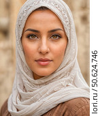 Портрет красивой кареглазой восточной мусульманки в белом никабе, Portrait of a beautiful brown-eyed oriental Muslim woman in white niqab. Стоковое AI-изображение, AI-художник AllNikArt / Фотобанк Лори