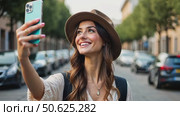 Cute and pretty fashion trendy and hipster millennial woman or girl makes selfie on smartphone camera to share on internet social media channels, self absorbed. Стоковое AI-видео, аниматор Sergey Grishin / Фотобанк Лори