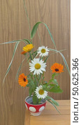 Vertical video of female hand placing chamomile flower in floral arrangement of seasonal garden fresh flowers on kenzan holder in cup. Beautiful summer rural still life. Floral design as a hobby. Стоковое видео, видеограф Виктория Катьянова / Фотобанк Лори