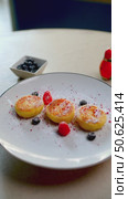 Crispy golden syrniki featuring farmers cheese, garnished with fresh berries and powdered sugar, presenting traditional Eastern European breakfast delicacy on pristine ceramic plate. Стоковое видео, видеограф Данил Руденко / Фотобанк Лори