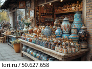 Photo of a street stall filled with traditional painted ceramics. Colourful jars, vases and jugs with lids decorated with oriental ornaments and floral patterns are lined up on wooden counters. Bright colours – turquoise, blue, orange and gold – give the composition a sense of wealth and artistic heritage. The cozy atmosphere of a craft market, where handicrafts are valued and passed down from generation to generation. An ideal image to illustrate ethnic tourism, cultural heritage and arts and crafts. Стоковое AI-изображение, AI-художник Анна Кривицкая / Фотобанк Лори
