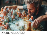 A man with gray hair and a beard carefully examines an architectural model of a city created from colored modules. He seems to be transported into his miniature world, immersed in the process of designing or creating. The image conveys an atmosphere of concentration, imagination and passion for architecture or design. Ideal for urban studies, architectural modeling, creative work, engineering design and visualization of urban spaces. Стоковое AI-изображение, AI-художник Анна Кривицкая / Фотобанк Лори