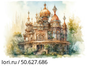 Watercolor illustration of a fairytale castle, made in the eclectic style with elements of Russian architecture. The building is decorated with carved details, oriental-style domes and openwork turrets. The house is surrounded by soft green trees, and a light fog gives the composition an atmosphere of magic and comfort. The illustration resembles a frame from a fairy tale or a fantasy world, ideal for decorating books, posters or design in the style of magic realism. Стоковое AI-изображение, AI-художник Анна Кривицкая / Фотобанк Лори