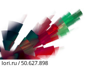 Colorful graphic design element on white background. Glowing tubes, consisting of green and red fragments, diverge from one point. 3D rendering. 3D illustration. Стоковая иллюстрация, иллюстратор Бузмакова Светлана / Фотобанк Лори