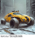 A futuristic yellow SUV with massive tires drives down a snowy city street in the pouring rain. The car looks like a cross between a sports car and a military vehicle, with an aggressive design, armored body, and a weapon mounted on the roof. The urban background is dark and industrial, emphasizing the post-apocalyptic mood of the scene. A perfect image for sci-fi, cyberpunk, futuristic racing, or video game concept art. Стоковое AI-изображение, AI-художник Анна Кривицкая / Фотобанк Лори